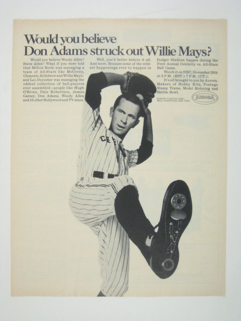 Vintage 1967 Aurora Don Adams Struck Out Willie Mays Baseball Ad Print Phone Sho